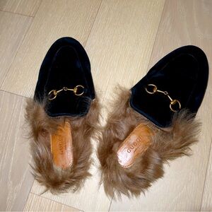 **Gucci Princetown Fur-Lined Slippers - Black Velvet with Iconic Horsebit**